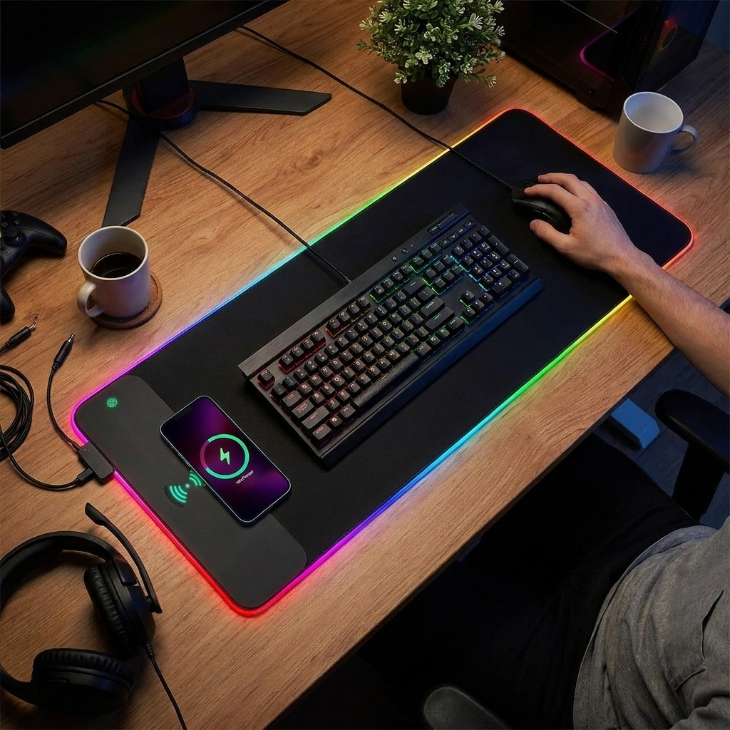 Wireless charging illuminated mouse pad lifestyle